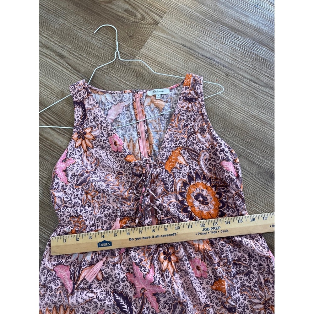 Madewell Floral Batik Lace Up Tassel Midi Dress Pink Orange Size 4 - Picture 10 of 11